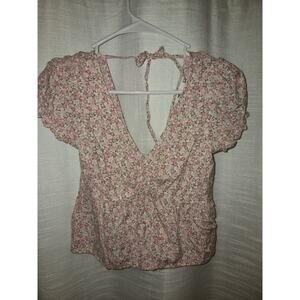 Floral cottagecore blouse puff sleeve tie back peplum top Size Xs Hollister